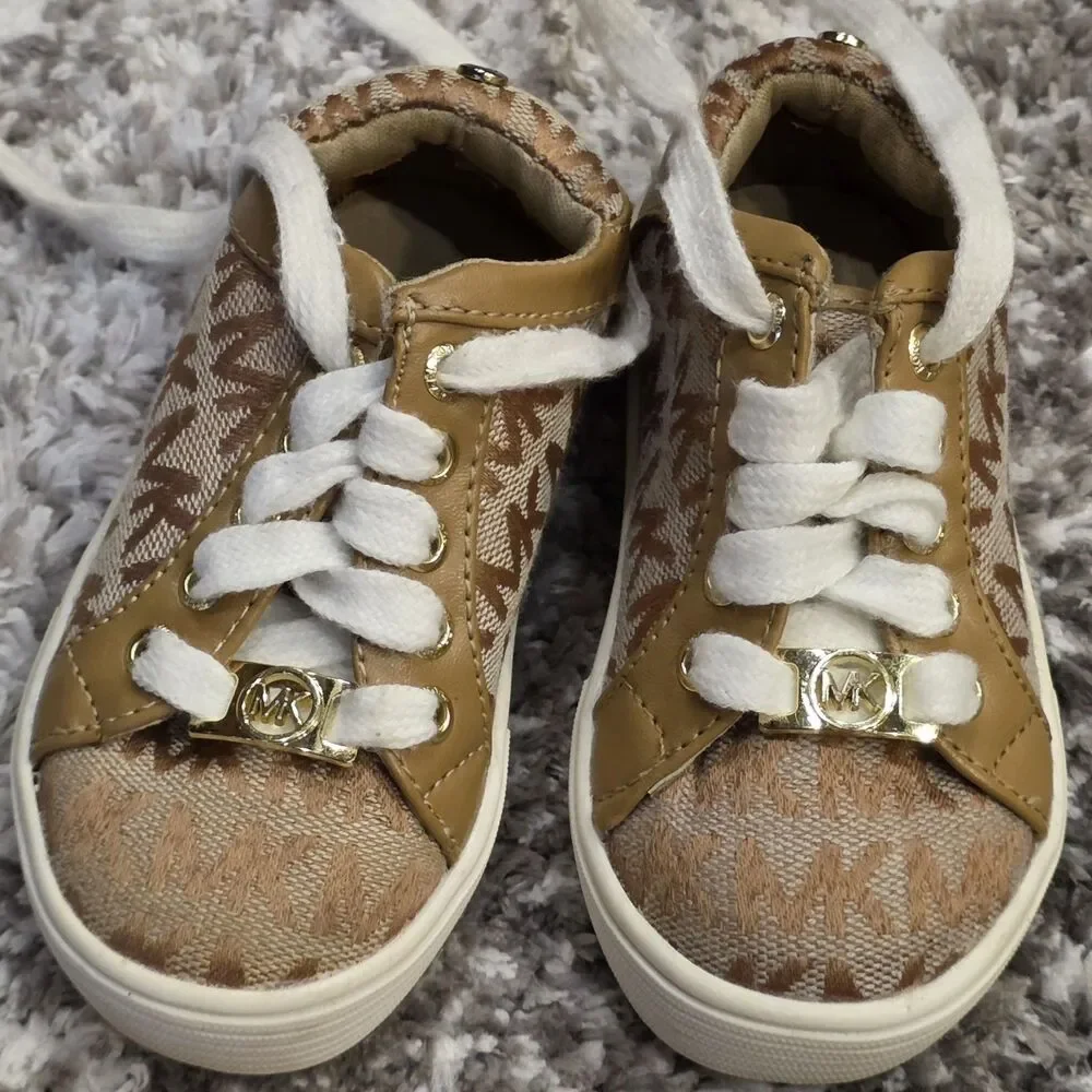 Michael Kors Girls Tan Monogram Logo Sneakers - Size 6